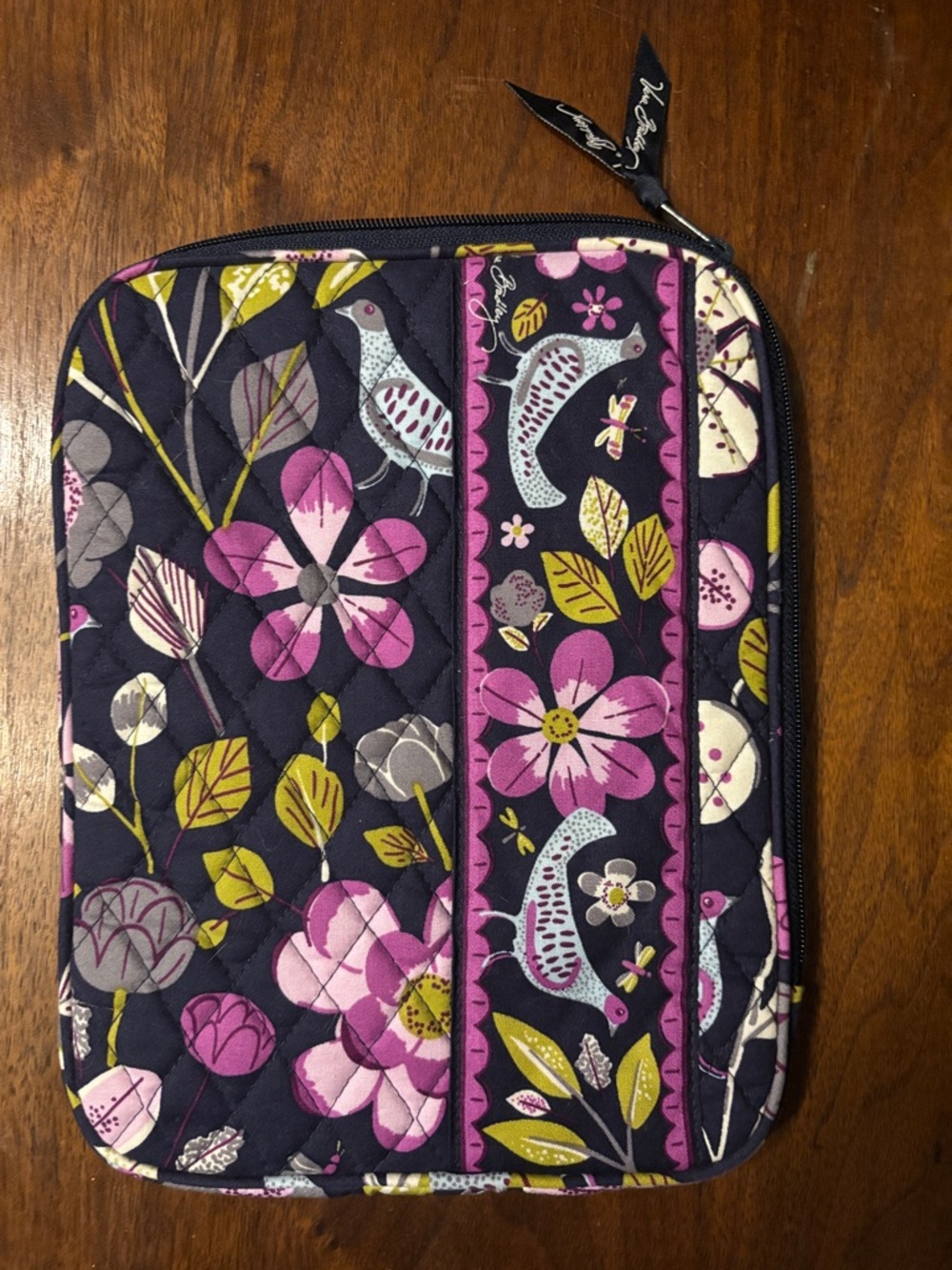 Vera Bradley Navy Floral Quilted Tech Sleeve with Pink and Chartreuse Lattice